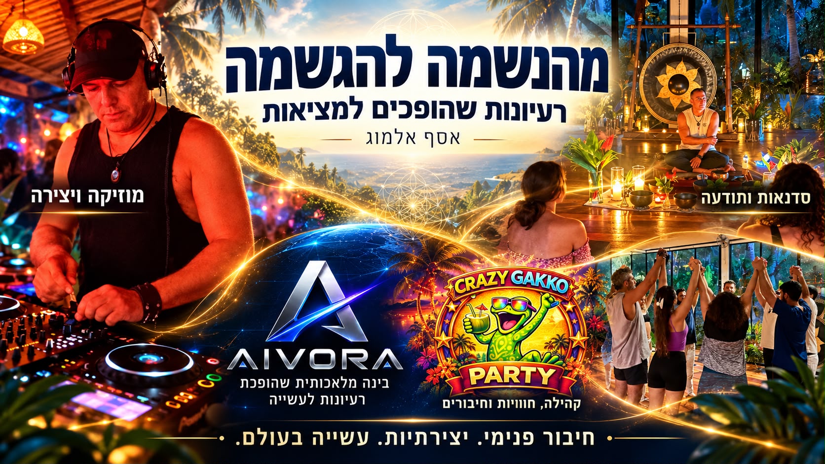 מהנשמה להגשמה — הפרויקטים של אסף אלמוג: מוזיקה ויצירה, סדנאות ותודעה, AIVORA ו־Crazy Gakko Party
